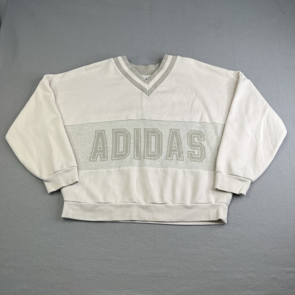 Adidas Women's Medium Oversized Cropped V-Neck Sweatshirt Pullover Cream